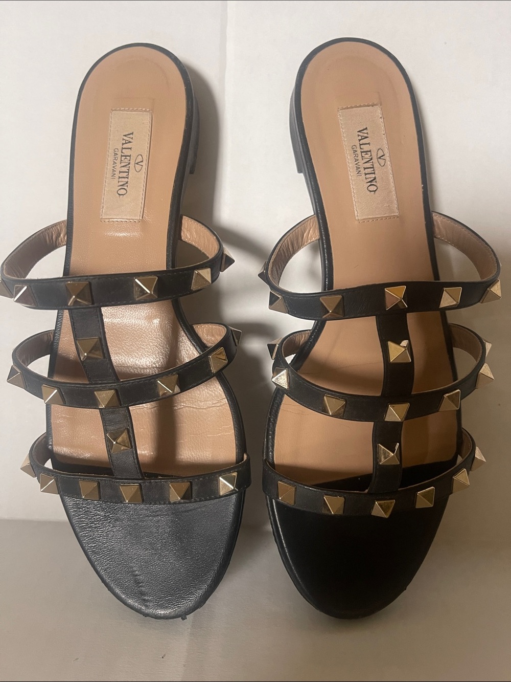 Valentino Garavani Black Leather Rockstud Triple-Strap Slides